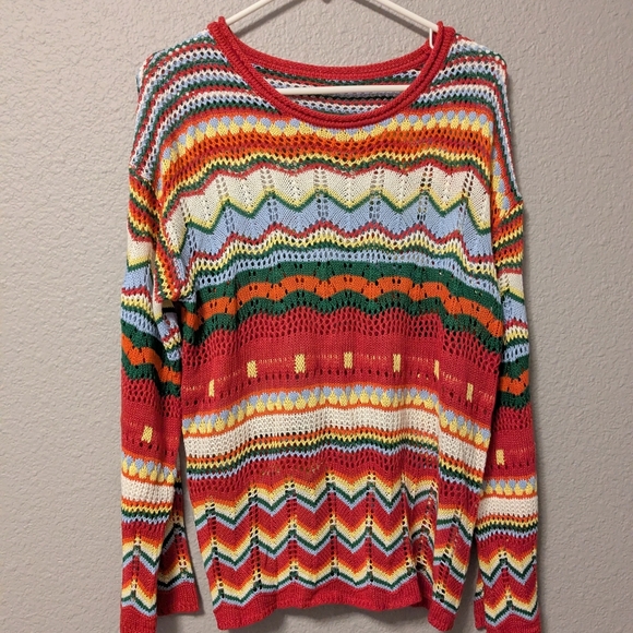 NEW Red Rainbow Multicolor Striped Hollowed Knit Women's Sweater Loose Sleeve M - Picture 6 of 6